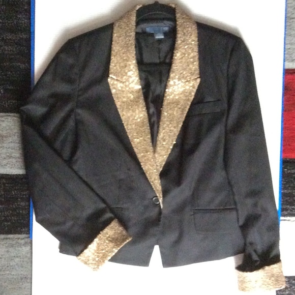 RARE Gold Sequined Lapel and Cuff Black Blazer - Picture 2 of 3